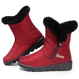 SHIBEVER Waterproof Winter Boots for Women: Snow Mid Calf Insulated Fur Lined Non Slip Women's Boot Outdoor Cold Weather Casual Fashion Red Size 8 Booties