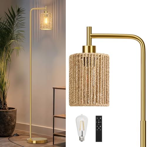 Image of Oneach 66 inch Gold Floor Lamp for Living Room, Boho Floor Lamp with Remote Control and LED Bulb, Rattan Shade, Industrial Tall Farmhouse Standing Lamp for Bedroom, Dining Room, Study Room, Office