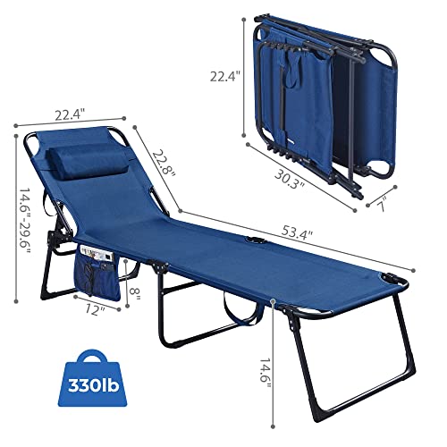 Praisun Folding Lounge Chair For Outside, Chaise Lounge For Outdoor, Tanning Chair With 5-Position Backrest, Sun Lounger Chair With Detachable Pillow, Fabric Bag, For Pool, Garden - Navy Blue #TOP2