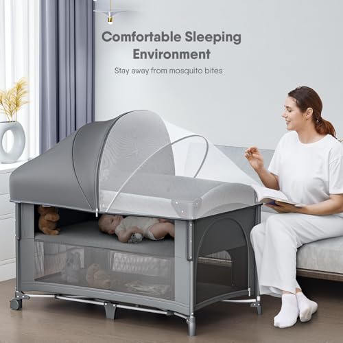 Obee Odee 4 in 1 Baby Bassinet, Pack and Play, Diaper Changer - Comes with Mattress, Mosquito Net，Bottom Storage and Toy Bar for Newborn to Toddles (Grey) by Obee Odee - Image 2