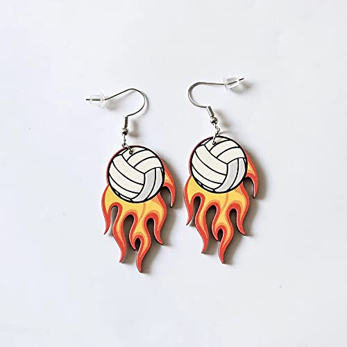 Punk Fire Flame Baseball Dangle Hook Earrings Wood Football Rugby Volleyball Fake Huggie Hoops Sport Balls Dangling Drop Earring Fashion European Cup Jewelry Gifts For Women Girls Bbf (Volleyball) #TOP2