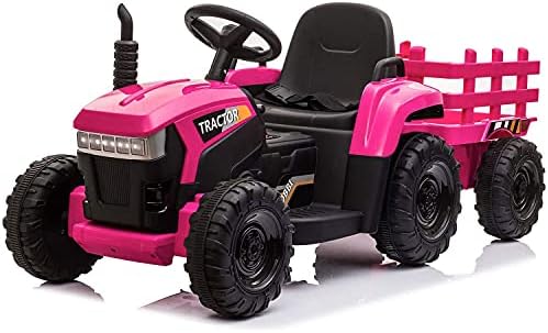 TOBBI 12v Battery-Powered Toy Tractor with Trailer and 35W Dual Motors,3-Gear-Shift Ground Loader Ride On with LED Lights and USB Audio Functions in Rose Red