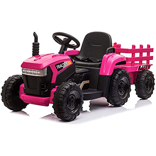 Tobbi 12V Battery-Powered Toy Tractor With Trailer And 35W Dual Motors,3-Gear-Shift Ground Loader Ride On With Led Lights And Usb Audio Functions In Rose Red #TOP2