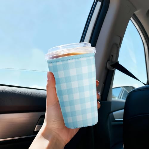 Image of Reusable Insulated Sleeve for Iced Coffee Cup, 3-Pack Coffee Neoprene Drink Sleeve for Cold & Hot Drinks, Beverage Holder for Iced Coffee (Soft Blue Gingham)