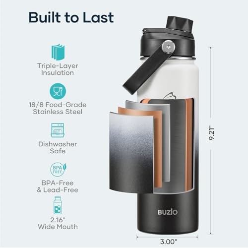 Image of BUZIO 24 oz Insulated Stainless Steel Water Bottle with Straw & Spout Lids