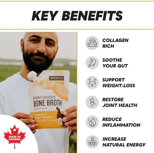 BROYA Turmeric & Ginger Chicken Bone Broth - Collagen Protein Rich and 100% Organic Chicken Broth - Keto and Paleo Friendly, Gluten-Free - Ready to Sip or Cook - 500 ml (Pack of 4) - 2