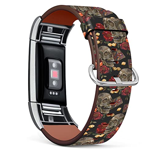 Compatible with Fitbit Charge 2, Patterned Leather Replacement Band (Embroidery Skull and Playing Cards Pattern)