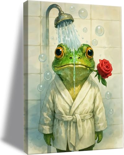 Image of Frimeeme Cute Shower Frog Framed Canvas Wall Art 12x16