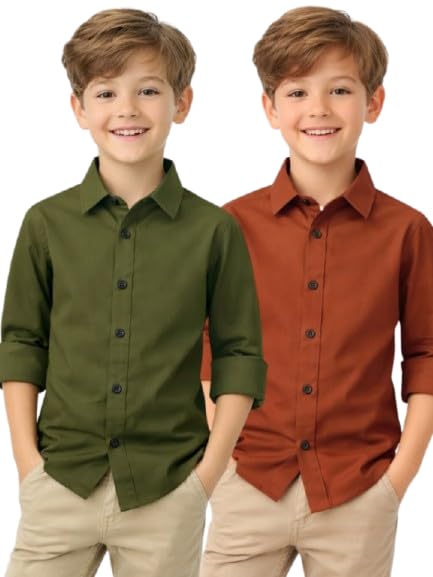 Image of YYQ Pack of 2 Boys Solid Cotton Blend Shirts - Full Sleeve Casual, Soft & Comfortable Spread Collar Shirts for Boys