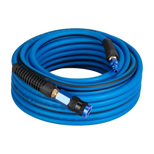 SANFU Hybrid Air Hose 1/4ID x 100FT 300PSI Durable Lightweight With 1/4 Aluminum 3IN1 Quick Coupler and Plug Bend Restrictors Blue&Black(100)