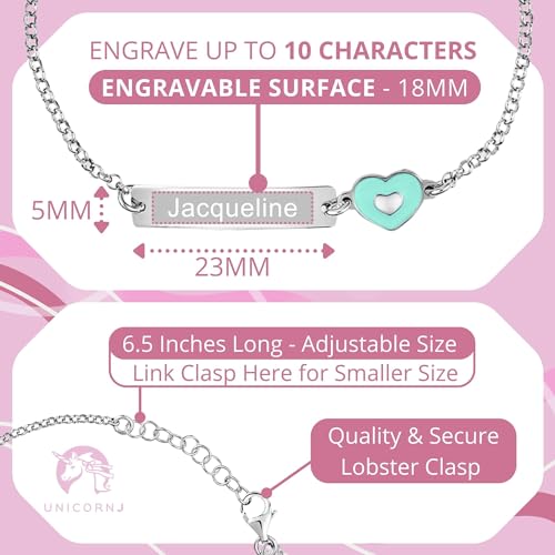 Image of UNICORNJ Sterling Silver 925 Engravable ID Bracelet Rolo Chain for Girls Heart with Pink Enamel 6.5 inch