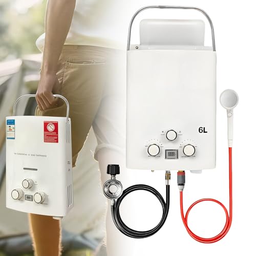 aromaoveite Calentador De Agua A Gas Portátil, Calentador De Agua A Gas Instantáneo para Exteriores, 6l 1.58gpm,con Pantalla Led, Protección contra Sobrecalentamiento, Adecuado para RV, Camping White