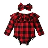 Baby Christmas Clothes Baby Boy Girl Long Sleeve Plaid Ruffle Rompers Flannel Bodysuits Pompom...