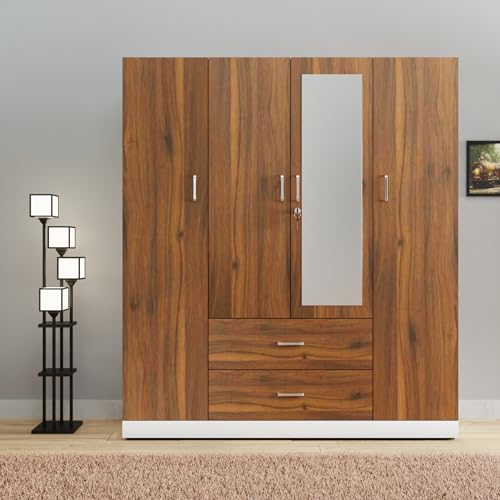 Image of VIKI Wardrobe | Wooden Almirah for Clothes,Door for Bedroom, 4 Door Wardrobe with Drawer, Mirror & Hanging Space (White & Walnut - 40D x 160W x 180H) | 1 Year Warranty | Free Assembly