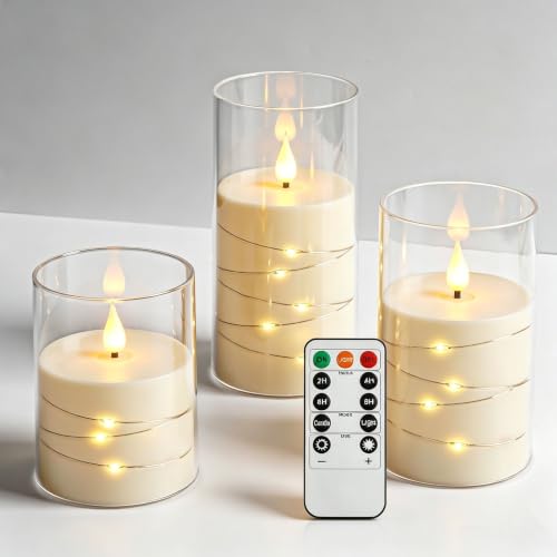 Image of Da by 3 Pack Ivory Transparent Acrylic Flameless Taper Candles, Flickering Black Wick LED Candles with Fairy String Lights, Heat Resistant ABS Candles with Remote for Home Patio Decor