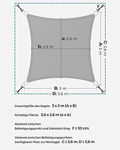 SONGMICS Sonnensegel 3 x 3 m, wasserfest mit Einer Wassersäule von 665 mm, Sonnenschutz aus reißfestem Polyester, UV-Schutz 93%, Terrasse, Garten, Balkon, quadratisch, 2 m Seile, hellgrau GSH33QY 5
