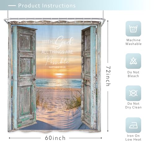 Riyidecor Beach Bible Verse Shower Curtain 60Wx72H Inch Barn Door Christian Coastal Ocean Teal Inspirational Seaside Hawaiian Nautical Rustic Bathroom Decor Fabric Polyester Waterproof 12 Pack Hooks - Image 5