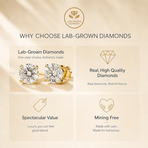 Image of IGI Certified 1 Carat Lab Grown Diamond Stud Earrings for Women | E-F Color VS Clarity | 14K Gold 4-Prong Push Back | Round Brilliant Cut Solitaire Studs | Luxury Gift Box Included