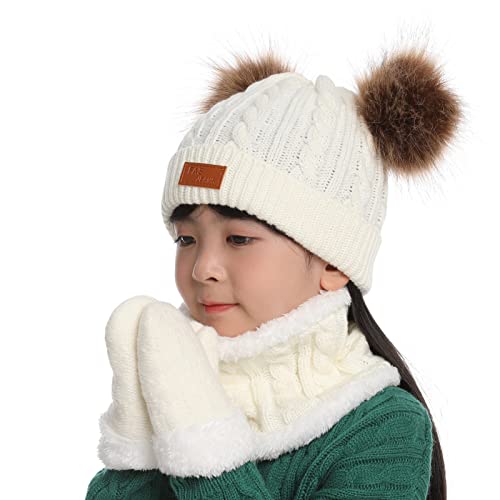 Duoyeree Baby Winter Hat Warm Scarf Gloves Set Pom Knitted Beanie Mitten Scarves For Toddler Girl Boy White #TOP1
