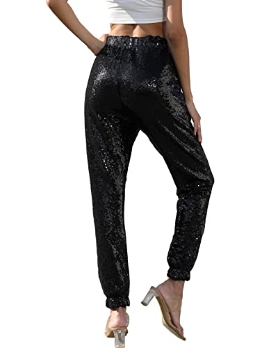J&DHUASHA Womens Sparkly Sequin Pants High Waist Glitter Joggers Pants Bling Party Casual Skinny Pants(Black, M)