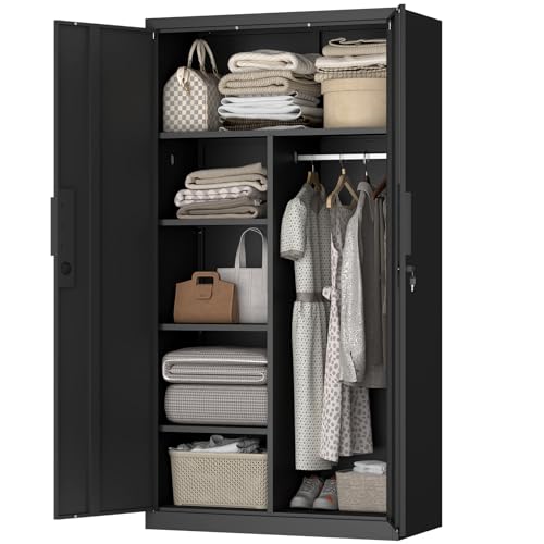 IRONFFICE Metal Storage Cabinet,Steel Armoire Wardrobe Closet with Adjustable Shelves,Hanging