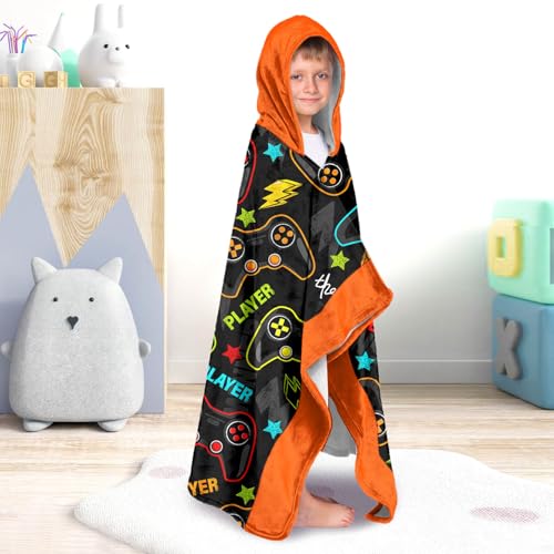Image of Video Gamer Boys Beach Towel with Hoodie for Kids Toddlers Age 4-8,Game Controller Black Bath Towels Shower Wrap for Boys, Hooded Poncho Beach Blanket for Pool Swimming Wearable Bath Towel for Child
