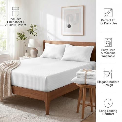 Image of Mafatlal Italian Strip King Size Bed Sheet with 2 Pillow Covers Pure Cotton | 210 TC Flat Bedsheet White | 108 x 108 Inches| Luxury & Breathable Fabric