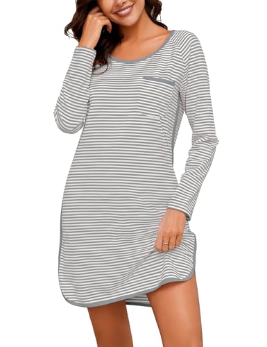 Namatime Camisón para mujer, manga larga, algodón, cuello redondo, rayas, camisón hasta la rodilla, ropa de dormir, Gris + blanco., S