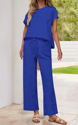 Image of PRETTYGARDEN 2 Piece Outfits For Women Casual Tracksuit Short Sleeve Tops And Wide Leg Long Pants Matching Lounge Sets