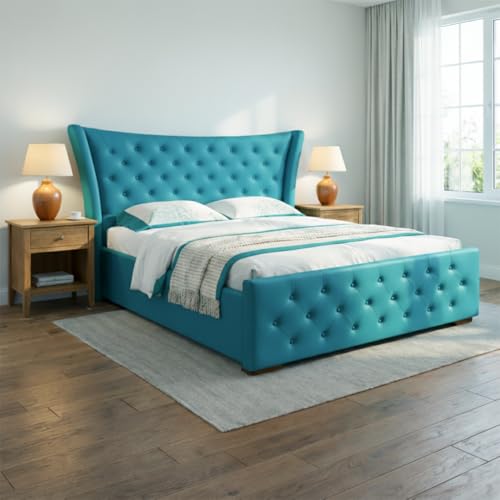 Image of Pearl Upholstered Queen Size Bed with Box Storage for Bedroom | Elegant Wooden Double Bed with Storage | Platform Cot Palang with Tufted Headboard | 6.5 x 5 Ft, Sheesham Wood, Light Blue