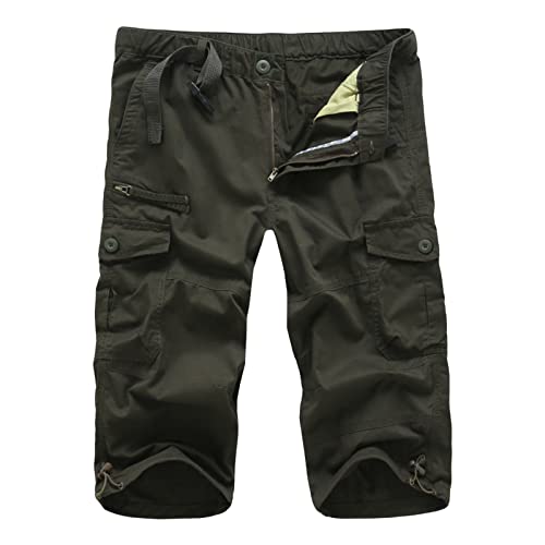 Men's Relaxed Fit 3/4 Cargo Shorts Twill Elastic Waist Multi Pocket Capri Pants Casual Loose Fit Below Knee Short (ArmyGreen,Large)