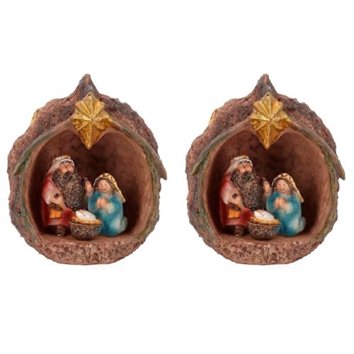 Acan Tradineur Conjunto de 2 nascimentos em nogueira de resina, decoração de Natal, presépio, figura, ornamento de mesa, prateleiras, casa, 11 cm
