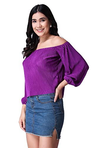 Image of POPWINGS Casual Wrinkle Off Shoulder Crop Top for Women - Designer Stylish Western Full Sleeves