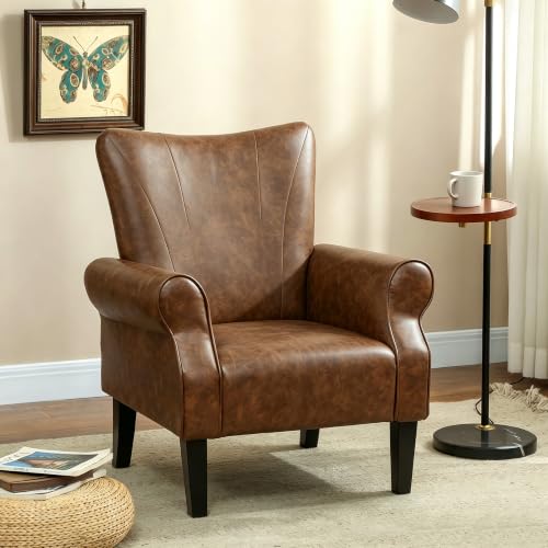 HOMCOM PU Leather Wingback Armchair with Rolled Arms and Rubberwood Legs, Brown