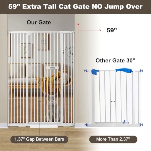 59" Extra Tall Cat Gate 2024 Easy Opening Auto Close Gate for Door Way, 30"-45" Extra Wide Pet Gate with 4" and 7.85" Extension Kits, Pressure Mount Kit Gate, White