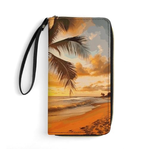 Tropical Beach Palm Tree Sunset Leather Wallet Smooth Zip Around Clutch Wristlet Travel Long Soft Purse for Women