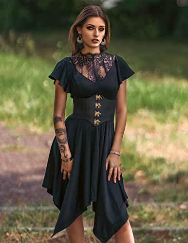 Womens Dress Midi Length Medieval Goth Punk Costumes Dresses Black Xxl #TOP4
