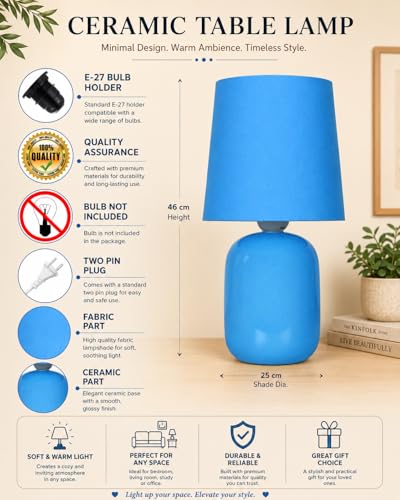 Image of Homesake Modern Small Ceramic LED Table Lamp, Classic Bedside Desk Lamp For Living Room Bedroom, Farmhouse Nightstand Lamps With Fabric Shade (Dovel Turquoise)