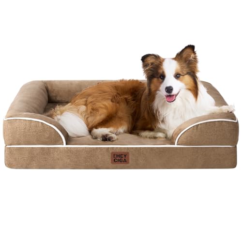 EHEYCIGA Cuccia Cane Interno Taglia Grande, Cuscino Cane Impermeabile Sfoderabile e Lavabile, Letto per Cani con tre Lati Rialzati Ortopedico, Cammello, 104x68x16cm