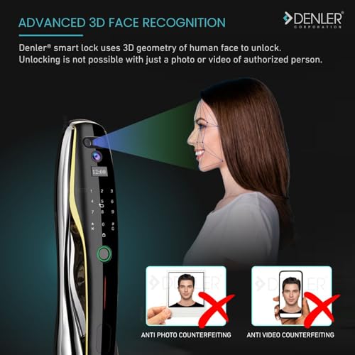 Image of Denler Smart Door Lock with Dual Batteries | 3D Face ID | Fingerprint Door Lock | Anytime Video & Unlock App | LCD Camera | Inbuilt Wi-Fi | Anroid & iPhone Support | RFID Card (Curvy Matt Black)