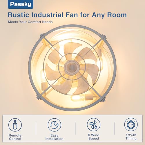 Image of Passky 20 inch Farmhouse Flush Mount Ceiling Fans with Lights and Remote, Industrial White Caged Low Profile Fandelier, 6 Speeds Bladeless Ceiling Fan for Bedroom, Kitchen, Living Room