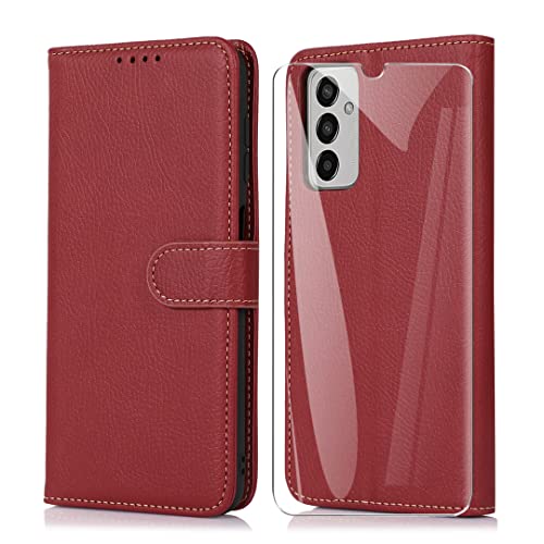 SMYTU Cover a Libro per Samsung Galaxy M13 4G + Vetro Temperato,Custodia Samsung Galaxy M13 4G,Custodia Flip in Pelle Magnetica Portafoglio Per Samsung Galaxy M13 4G - Rosso