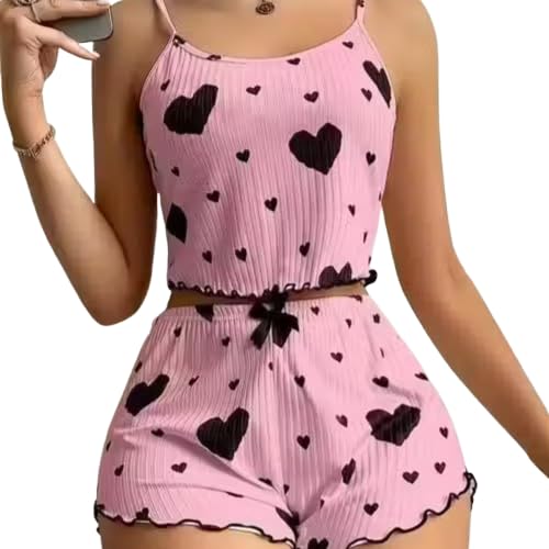 FigureFlex Women’s Soft Ribbed Stretch Short Nightsuit Set Heart Print Cami Top & Shorts, Lightweight Comfortable Sleepwear for Girls & Women (Pink)-picture-25