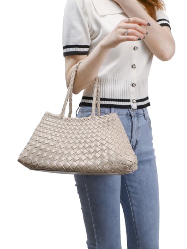Image of Rejolly Basket Tote Bag for Women Woven PU Leather Shoulder Handbag Chic Purse