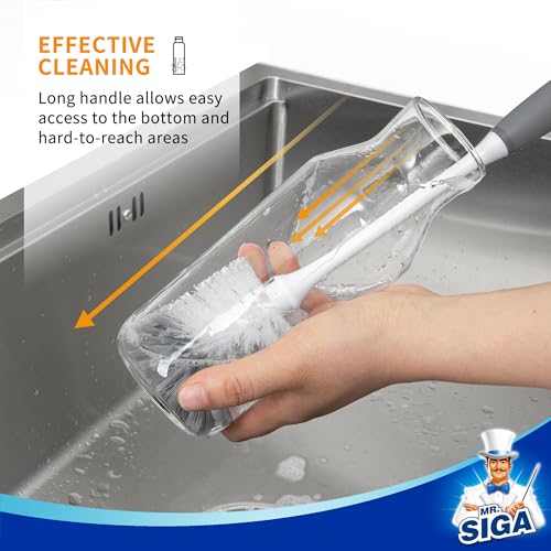 Image of MR.SIGA Long Handle Bottle Brush, Flexible Scrub Brush for Water Bottles, Glasswares, Mugs, Gray, 2 Pack