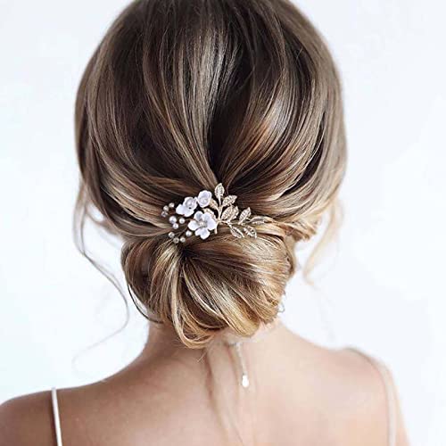 Erimberate Bohemian Crystal Flower Hair Comb Pearl Flower Hair Barrette Gold Leaf Headpiece Vintage Pearl Headwear Hairpiece Decorative Wedding Comb Hair Accessories Jewelry For Women And Girls Gifts (White Flower) #TOP5
