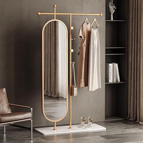 Elegant Gold Full-Length Mirror with Coat Rack – Rotatable Floor-Standing Dressing Mirror for Bedroom, Stylish Clothes Organizer (Size: 100cm)