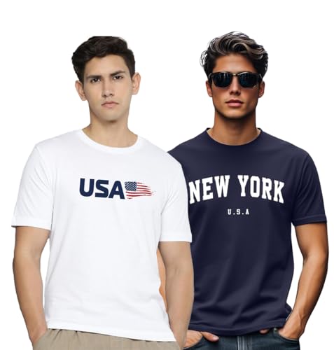 Image of Veirdo 100% Pure Cotton Regular Fit Cool & Trendy Front Printed Half Sleeve T-Shirt Combo for Men (Available Colors: Black, Navy, Swanwhite, White & Green)
