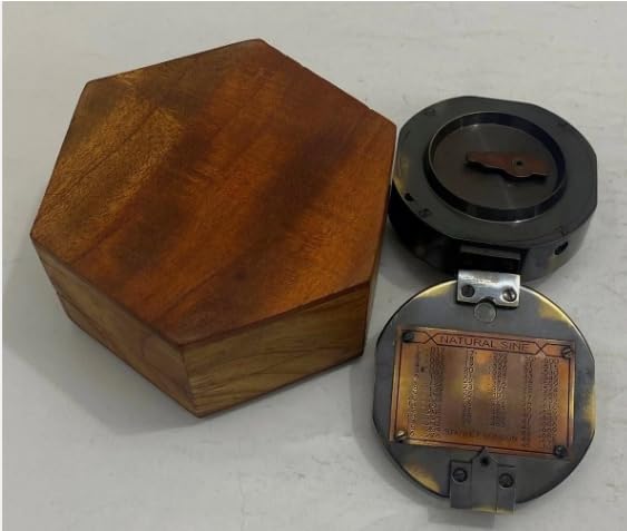 Brújula de reloj de sol antigua de latón con caja prismática de madera – Instrumento de navegación vintage y regalo coleccionable miniatura 5
