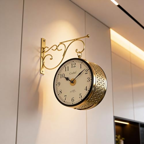 Image of CRAFTEL Double Sided Station Wall Clock Multi-Layer Electroplated | Both Side Numerals | Handcrafted Brass Body Aluminum Dial | Dial - 8 Inches, Shiny Gold | 365 Days Warranty